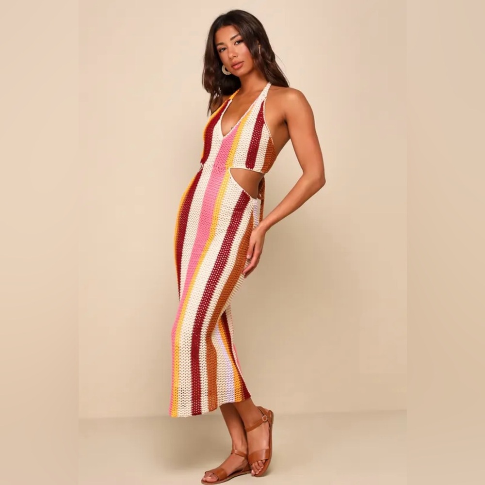 Lulus Sunny Destiny Beige Multi Striped Crochet Halter Midi Dress